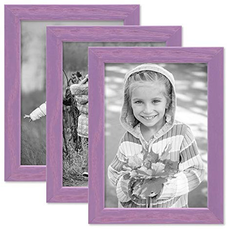 PHOTOLINI Bilderrahmen Kinderzimmer 10x15 cm Lila, 3er Set Wechselrahmen farbig, Holz, Acrylglas, Made in Germany, zum Aufstellen & Aufhängen, mit Zubehör - für bunte Kinderbilder