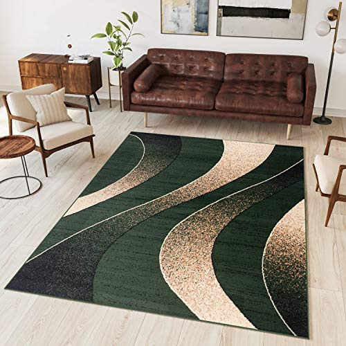 TAPISO Dream Tapis de Salon Chambre Salle à Manger Adulte Bureau Design Moderne Vert Beige Abstrait Motif Ondes Vagues Poil Court Fin Doux Léger Résistant 120 x 170 cm