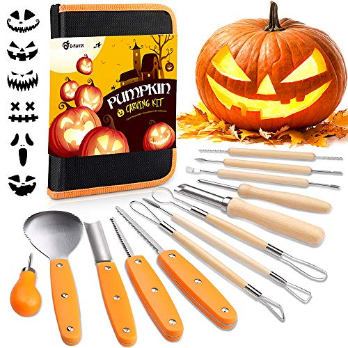 D-FantiX Halloween Kürbis Schnitzset, 13 Stück Professionelles Edelstahl DIY Kürbis Schnitzwerkzeug mit Aufbewahrungstasche und Carving-Schablonen für Kinder