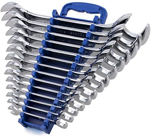 14-Piece Premium Angle Head Open End Wrench Set, Chrome Vanadium Steel | Include Standard Inch Sizes 3/8, 7/16, 1/2, 9/16, 5/8, 11/16, 3/4, 13/16, 7/8, 15/16, 1, 1-1/16, 1-1/8, 1-1/4 with Storage Rack