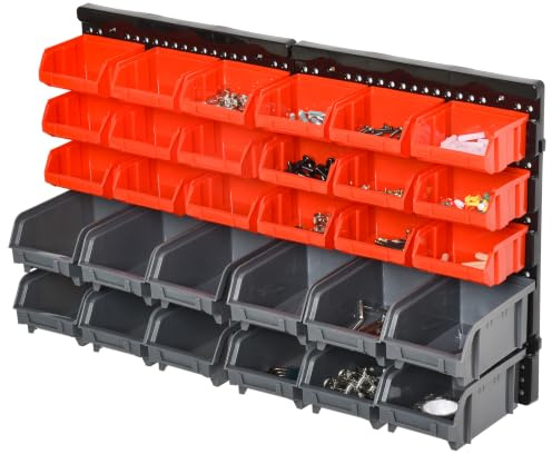 DURHAND Pannello Portautensile PP 37.5x18x63cm Rosso Grigio Nero | 30 Contenitori Regolabili e Rimovibile, Montaggio a Muro