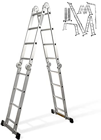 VITO Arbeitsbühne Leiter, 4x4 Klappleiter, Mehrzweckleiter 4,42 m, Aluleiter, Haushaltsleiter, bis 150 kg, 12 Stufen, Sicher und zuverlässig EN 131, Alu-Silber (VIEM36)