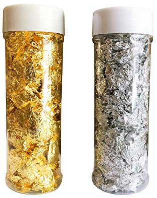 AFuex Blattgold Schabin Flakes 2g - 24 Karat Gold dekorative Gerichte Chef Art Cake Decor Pralinen Werkzeuge,Silvergold,2Pcs