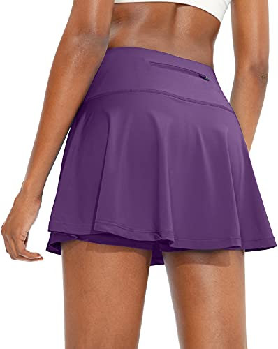 SANTINY, Gonna da tennis plissettata da donna, con 4 tasche e pantaloncini, a vita alta, sportiva, casual, adatta per golf e corsa, Viola scuro, L