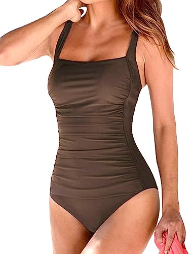 Husmeu Women's Vintage Padded Push up One Piece Swimsuits Tummy Control Bathing Suits Swimwear Coffee XXL