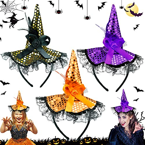 BUZIFU 3 Stücke Halloween Stirnband Hexenhut Haarreif Damen Kinder Erwachsene Elastisches Hexenhut Haarband Haarschmuck Zubehör Hexenhut Stirnbänder für Karneval Fasching Halloweendekoration Kostüm