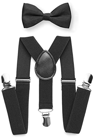 RSXING Kinder Hosenträger Fliege Sets - Elastisch Y Gestalten Mit Stark Clips Verstellbare Sets für Jungen, Mädchen, Baby (Schwarz)