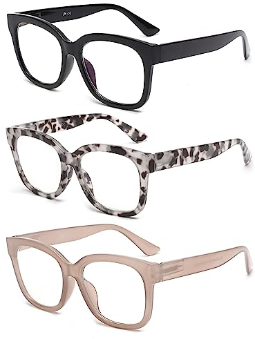 JM Lot de 3 Montures de Lunettes Carrées Surdimensionnées, Lecteur d'ordinateur Bloquant la Lumière Bleue pour Femmes Hommes+1.0