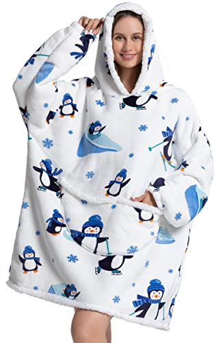 Tragbare Hoodie Decke mit Ärmeln Oversized Sweatshirt Pullover Herren Riesige Fronttasche Kuscheldecke Couch Decken Warme Schlafanzug Frauen Geschenk Pulloverdecke für Camping(Weißer Pinguin)