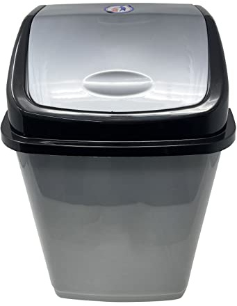 HTUK® Schwingkorb aus Kunststoff, 10 Liter, Abfalleimer, Schwingdeckel, Abfallbehälter, für Küche, Büro, Badezimmer, Abfallbehälter, Mülltonnen, grau