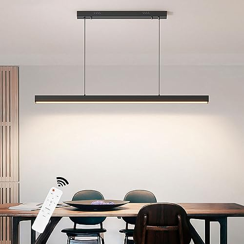 SENFAY 80CM LED Pendelleuchte Esstisch Dimmbare Moderne Hängeleuchte Holz Mit Fernbedienung, Linear Design Höhenverstellbar Küchenlampe Hängend, Hängelampe Schwarz Für Büro Esszimmer Wohnzimmer Küche