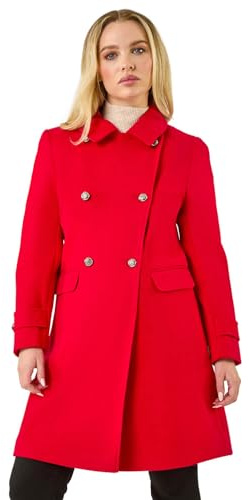 Roman Originals Double Breasted Military Coat for Women UK - Ladies Everyday Holiday Autumn Winter Long Sleeves Comfy Soft Evening Vacation Work Smart Party - Size 16 - Petite Red