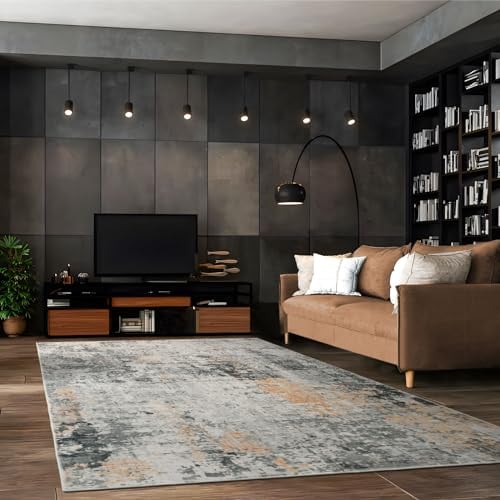 TALETA Teppich Wohnzimmer, waschbarer Teppich Kurzflor, Moderner Teppich für Schlafzimmer, Küche, Esszimmer, Grauer Teppich mit schwarz-goldenem Muster, Groß: 160x230cm