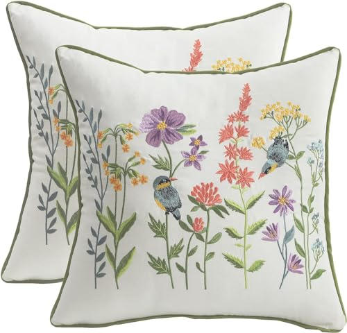 TOELSO 2 Stück Kissenhülle Bestickte Wurfkissenbezüge 45 x 45 cm für Gartenlounge Sofa Dekokissen Wohnzimmer Schlafzimmer 2 Stück Set Kissenbezüge Blumenmuster