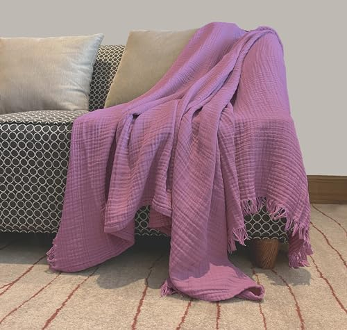 Überwurfdecke aus 100 % Bio-Musselin-Baumwolle für Couch, Erwachsene, Büro, 4 Schichten, vorgewaschenes, pflanzengefärbtes Garn, atmungsaktiv, warm, alle Jahreszeiten (139.7x152.4 cm Lavendel)