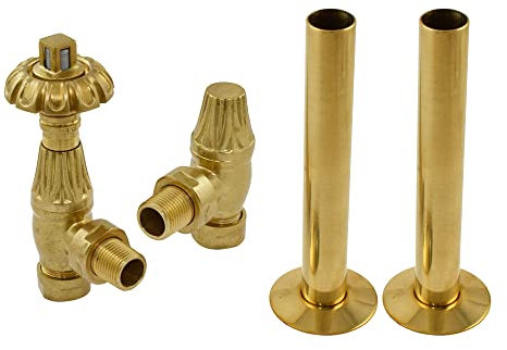 NRG Polished Brass 15mm Angled TRV Lockshield Valve Set with 180mm Pipe