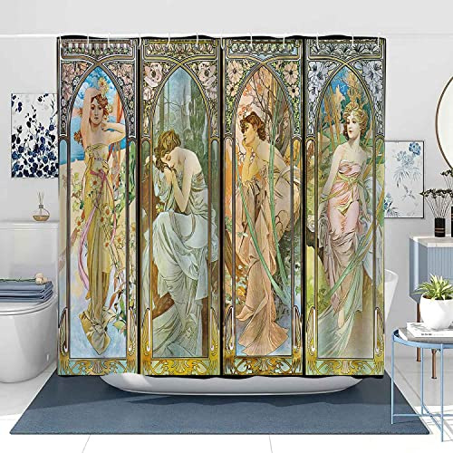 NTETSN Art Nouveau Lady Shower Curtain, Art Times of The Day, Alphonse Mucha Morning Awakening Daybreak Evening Reverie Night's Rest Screen Fabric Shower Curtains with Hooks, 72 x 78