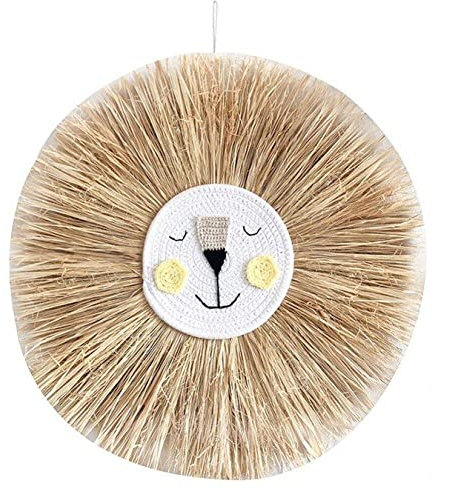 vepoty Cute Lion Head Tapestry Handmade Straw Thread Weaving Animal Head Ornament Weaving Artwork for Living Room Home Decor