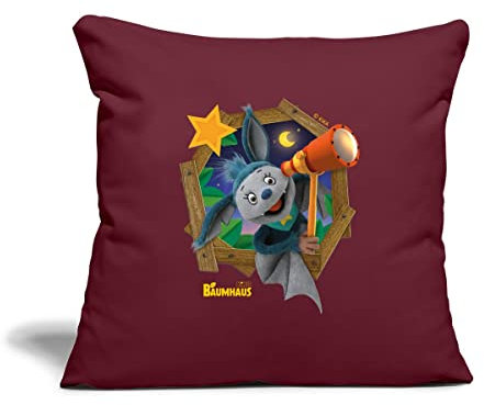 Spreadshirt KiKA-Baumhaus Mit Fidi Guckt Aus Dem Fenster Kissenbezug 45x45 cm, One Size, Burgunderrot