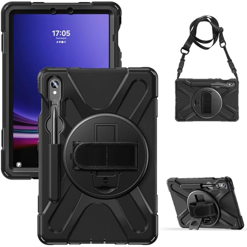 Gerutek Hülle für Samsung Galaxy Tab S10 FE/Tab S9 FE/Tab S9 10.9/11 Zoll 2025/2023, Stoßfeste Robust Schutzhülle mit Stifthalter,Drehbar Stände Handschlaufe Schultergurt,Case für Tab S10 FE,Schwarz