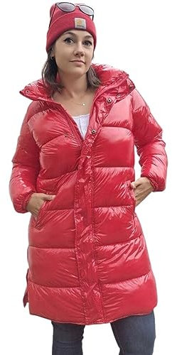 Herrlicher Tam kurzer glänzender Steppmantel aus recyceltem Nylon Größe L, Farbe tomato