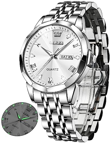 OLEVS Uhr Herren Luxus Diamant Edelstahl Wasserdicht Analog Datumsanzeige Business Original Silber Armbanduhr Herren