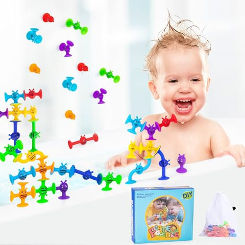 Suction Toys Baby Bath Toys,19 Pcs Kids Sensory Suction Toys No Mold Bath Toys, Great Suction Fidget Toys Windows Travel Airplane Suction Cup Toy for Babies Girls