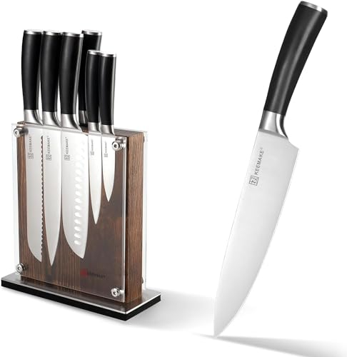 KEEMAKE Messerset mit Messerblock, 7-teilig Küchenmesser Set mit Holzblock, Scharfe Kochmesser aus Edelstahl/Kunststoff-Griff, Profi Küchenmesserset