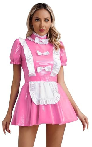 No Name Ltd Womens Pink Vinyl French Maid Outfit PVC Sissy Dress Stretchy High Shine with Frilly Petticoat Apron Bows Puff Sleeve (UK 12)