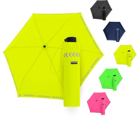 Doppler Regenschirm Safety Reflect in neon yellow I Regenschirm mit reflektierendem Rand & Handöffner I Mini Schirm mit passender Schirmtasche I Kinderschirm reflektierend