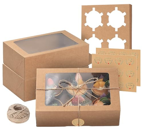 Coolty 20 Stück Faltfreie Cupcake-Boxen 4 Loch mit Fenster und Einsatz, Braun, Rustic Modern, 16x16x7,5cm mit 5 ~ 6,5cm Löchern, Backwaren, Kuchen, Gebäck, Geschenke