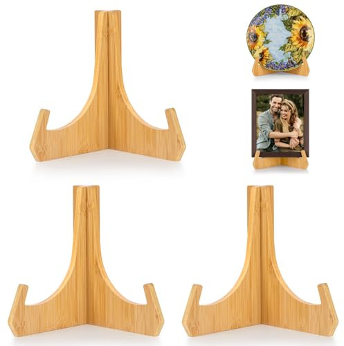ANBOXIT Tellerständer zur Aufsteller, 8 Zoll Tellerhalter, Bambus Fotoaufsteller Bilderrahmen Ständer, Tisch Mini Staffelei, Dekorative Ständer & Stützen für Platten, Bücher, und Plaketten (3 Stück)