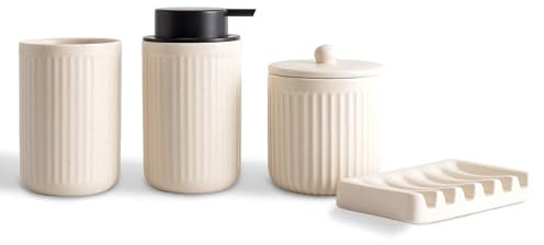 Agyiuns Badezimmer Set,Bad Zubehör Keramik 4,Enthält 330 ml Flüssigseifenspender, Zahnputzbecher, Seifenschale, Wattestäbchenhalter,Geeignet für Bäder, Waschbecken(Beige, Flüssigseifenspender)