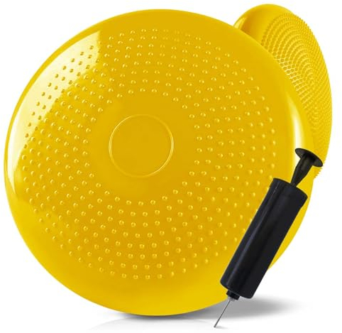 OcioDual Aufblasbares Kissen, Gelb, für Yoga, Fitness, Pilates, Sportübungen, Training, Rutschfeste Aufblasbare Scheibe, PVC-Gummioberfläche mit Manuellem Inflator