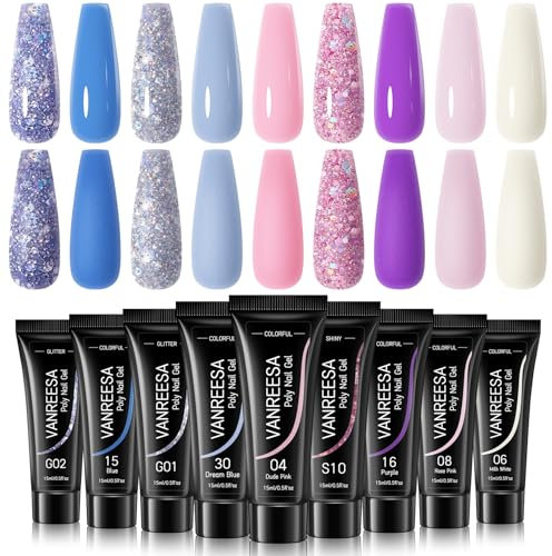 VANREESA Poly Nail Gel Set 9 Colours 15ML Builder Nail Gel Kit White Pink Nude Lilac Purple Poly Nail Extension Nail Gel Kit Nail Salon Set Nail Manicure Gifts for Women DIY at Home