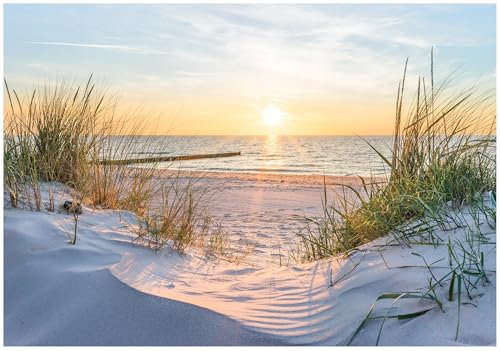 Papier peint non tissé à motif plage, mer, mer du Nord, dunes et soleil, effet 3D, nature, coucher de soleil, 150 x 105 cm, avec colle, pour chambre à coucher, salon, couloir