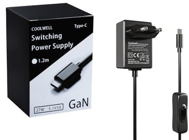 Coolwell for Raspberry Pi 5 Power Supply 27W USB-C Output 5V/5A, 9V/3A, 12V/2.25A, 15V/1.8A ETL Listed-GaN PD 5A 27W PD Power Supply with ON/Off Switch
