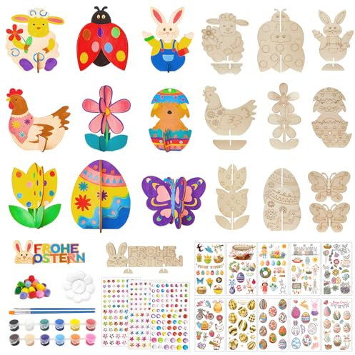 Shinybox Ostern Holz zum Malen, 62 Stück Ostern Basteln Holz mit Bunte Mini Pompons und 10 Ostern Tattoo Aufkleber, DIY Ostern Holz Hase Eier, Osterdeko Basteln Kinder für Frühling Dekoration