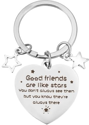 Lnngub Schlüsselanhänger für Freunde, Edelstahl Herz Schlüsselanhänger mit Sternanhänger Schlüsselanhänger Geschenk für Freunde Kreativer Schlüsselanhänger mit Gravur „Good friends are like stars“