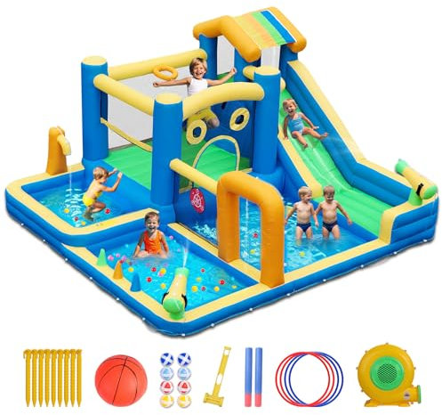 Casa di rimbalzo per bambini, AONESY Castello di rimbalzo gonfiabile con scivolo d'acqua, spruzzatori d'acqua, arrampicata, salto, Area di calcio e canestro per il cortile all'aperto dell'interno
