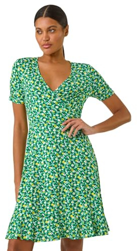 Roman Originals Wrap Dress for Women UK Ladies Swing Skater Fit & Flare A Line Tea Stretch Knee Length V-Neck Holiday Summer Smart Casual Work Party Evening - Ditsy Green - Size 20