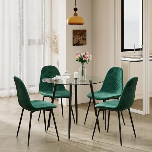 GOLDFAN Esstisch Set mit Glas Esstisch und 4 Stühlen, Glastisch und Grün Stuhl, Runder Tisch für Wohnzimmer, Küche, Büro