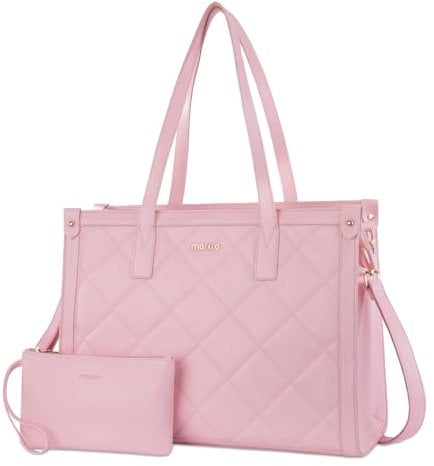MOSISO Borsa Tote Laptop Donna, 15,6 Pollici Custodia Lavoro Trapuntata a Rombi in Pelle PU con Portabicchieri e Pochette, Borsa Porta Computer Grande Capacita Insegnanti e Ufficio, Rosa