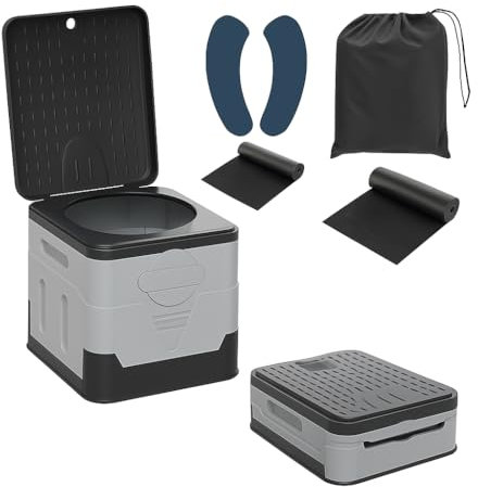 SaiXuan WC Portátil Plegable, 25L de Capacidad, Soporta hasta 150KG – Inodoro Portátil con 24 Bolsas Desechables, Bolsa de Transporte y Cojín, para Camping, Autocaravana, Senderismo (Gris Negro)