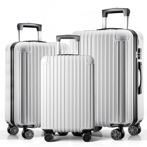 ABISTAB Reisekoffer Set 3-teilig, Hartschalen Koffer & Trolleys mit 4 Rollen, Zahlenschloss, Handgepäck & große Koffer, Silber