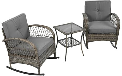 3-teiliges Gartenmöbelset mit Schaukelstühlen und Glastisch – Handgeflochtenes Rattan Design für Balkon Terrasse – mit weichen grauen Kissen und verzinktem Eisenrahmen wetterfest stabil gemütlich