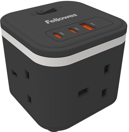 Fellowes Power Cube – Compact Extension Lead with 3 UK Sockets, 2 USB-C, 1 USB-A, 2m Cable & On/Off Switch – Space-Saving Multi-Port Charger for Desk, Home or Office – Black