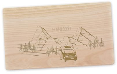 Vesperbrett Wohnmobil Berge – Frühstücksbrett aus FSC-Ahorn – personalisiert mit Wunschtext – Schneidebrett für Camper – graviert – 26 x 15 cm