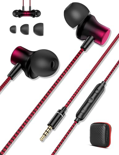 Jiunai Wired Earbuds Mic in Ear Wired Earphone 3.5mm Jack Magnetic Snap Noise Isolated Corded Ear Bud for iPhone Galaxy A15 A25 iPad Surface Fire CD Player Commute Essential Gradient Black Red