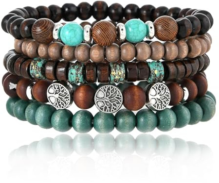 JOOTUEPO 5uds Pulseras de chakra para mujer, Pulseras de Cuentas Mujer, Multicapa Pulsera Árbol de la Vida Apilables Hechas a Mano Madera Aleación Bracelet, Elásticas Cuentas Regalos Joyería para
